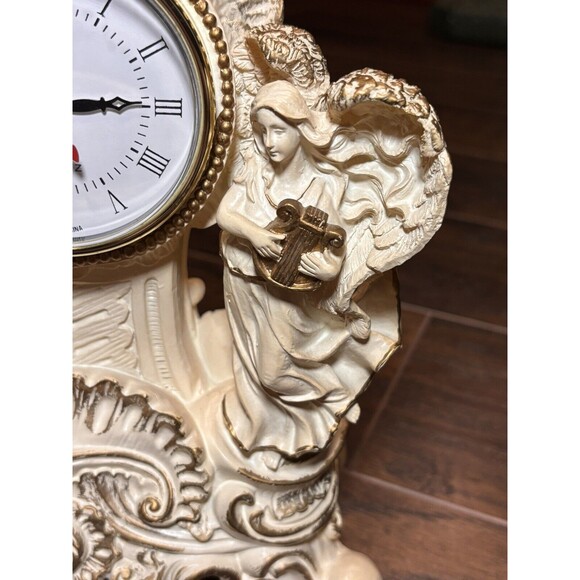 Vintage Double Angel Resin Desk Mantel Quartz Clock White/Gold Working - Picture 7 of 10